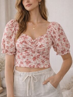 Midnight Sky Floral Puff Sleeve Crop Top Cottagecore Smocked Back NWT